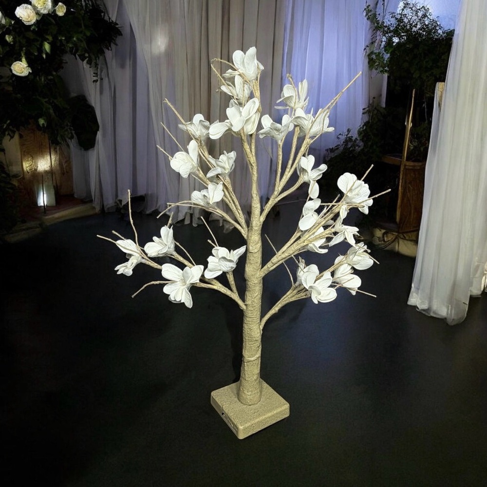 Lighted LED Magnolia Flower Tree White 24 Inch Tabletop Decor Timer 5V DC